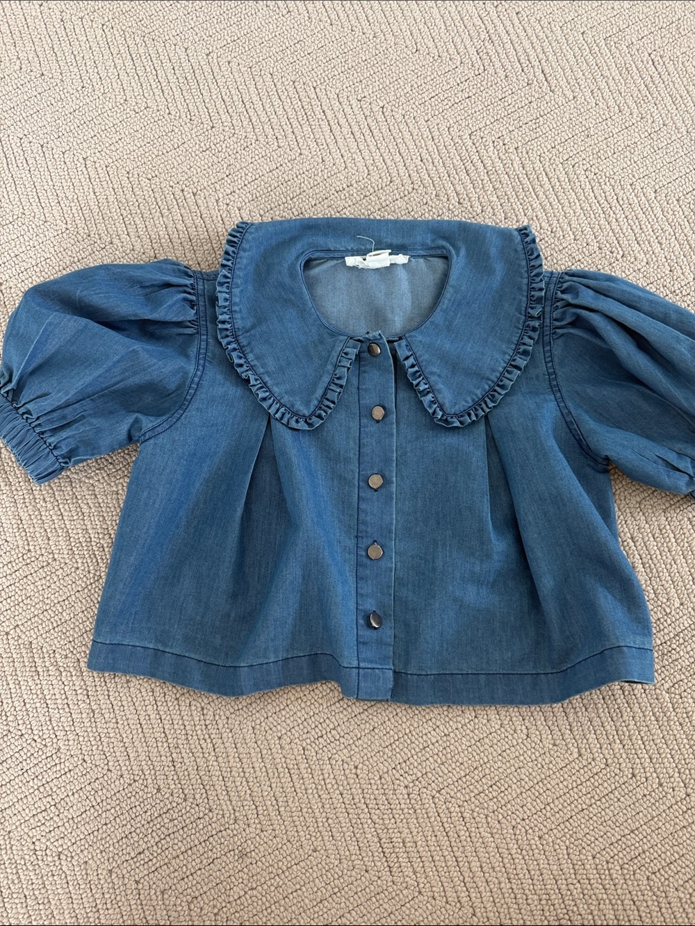 Denim Blue Ruffle Collar Button-Down Top